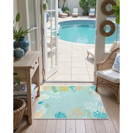 Seavish Coastal Area Rug 2x3, Small Aqua Green Underwater Theme Rug, Low Pile Non Slip Modern Nautical Entryway Rug, Washable Indoor Ocean Throw Rugs for Bathroom Kitchen Sink Laundry Doormat