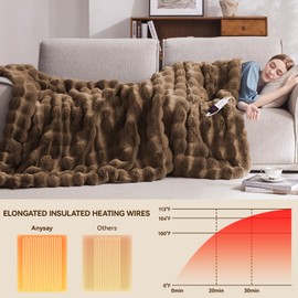 Anysay Heated Blanket Throw with 4 Hours Auto-Off 6 Heat Level, 50'' * 60'' Cozy Faux Rabbit Fur Bubble Electric Blanket with Overheat Protection, Soft Fast Heating Blanket with ETL (Brown)