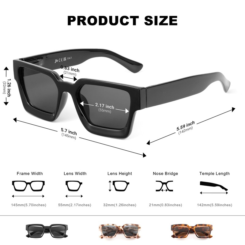 JM 3 Pack Trendy Square Sunglasses for Women Men Retro