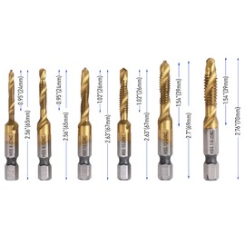 FOCMKEAS 6 PCS Combination Drill and Taps Bit Set, SAE HSS 4341 with Ti-Plating 6-32NC, 8-32NC, 10-32NC, 10-24NC, 12-24NC, and 1/4-20NC Threaded Drill Tap Set with 1/4"(6.35mm) Hex Shank