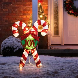 Glitzhome Lighted Christmas Candy Cane Outdoor Decoration, 35.5''H Pre-lit Xmas Candy Holiday Yard Sign with 60 Warm White Lights, Stakes, Zip Ties