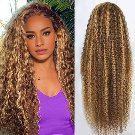 Highlight Deep Wave Lace Front Wigs Human Hair 28 Inch 13x6 HD Transparent Lace Front Wigs 200 Density 4/27 Glueless Ombre Honey Blonde Curly Wig for Women Pre Plucked with Baby Hair