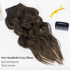 KooKaStyle Invisible Wire Hair Extensions with Transparent Headband Adjustable Size 4 Secure Clips Long Wavy Secret Wire Hairpiece 16 Inch Dark Walnut Brown for Women