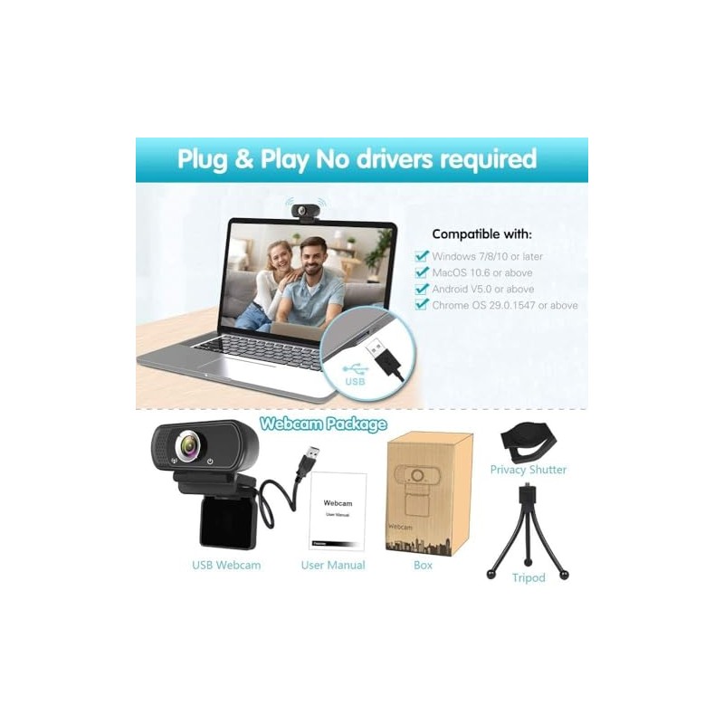 1080P Webcam,Live Streaming Web Camera with Stereo Microphone, Desktop or