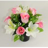 Artificial Grave Flower Arrangement with Pink Roses and White Lilies