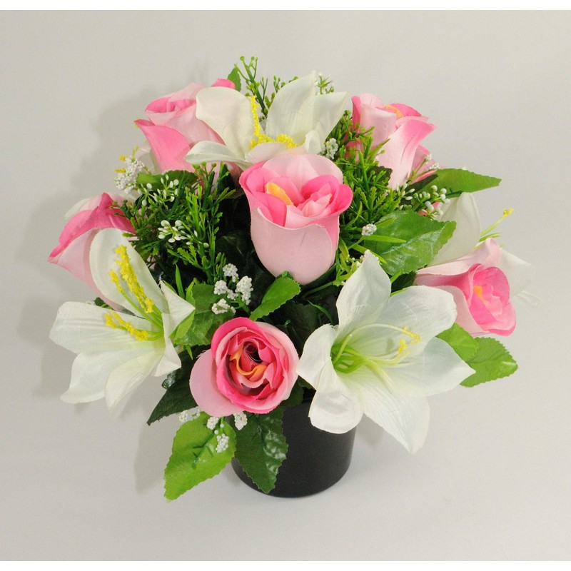 Artificial Grave Flower Arrangement with Pink Roses and White Lilies