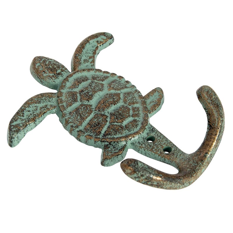 Cast Iron Sea Turtle Double Hook Bronze with Green Verdigris