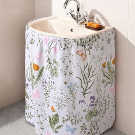 Hahafelt Self-Adhesive Sink Skirt, 55"x32" Waterproof Fabric Under Sink Cover with Diamond Stitch, Hide Pipes & Storage for Bathroom, Kitchen, Laundry Room, Rental Home Decor(Pastoral)