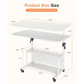 QZMDSM Portable Desk with Wheels Small Standing Desk on Wheels Adjustable Height Rolling Desks for Small Spaces, 32" Computer Desks with Storage Shelves for Home Office Study White