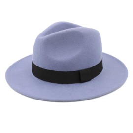 TrendsBlue Premium 100% Wool Wide Brim Classic Black Band Felt Fedora Panama Hat - Slate Blue