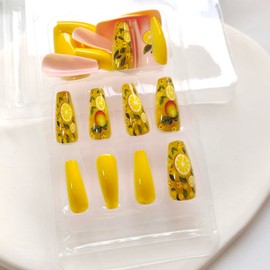 Long Press on Nails Coffin Shape Fake Nails 24pcs Summer Vibrant Orange & Lemon Design Designs False Nails Glossy Fresh Yellow Flower Acrylic Nails Long Artificial Glue on Nails for Women