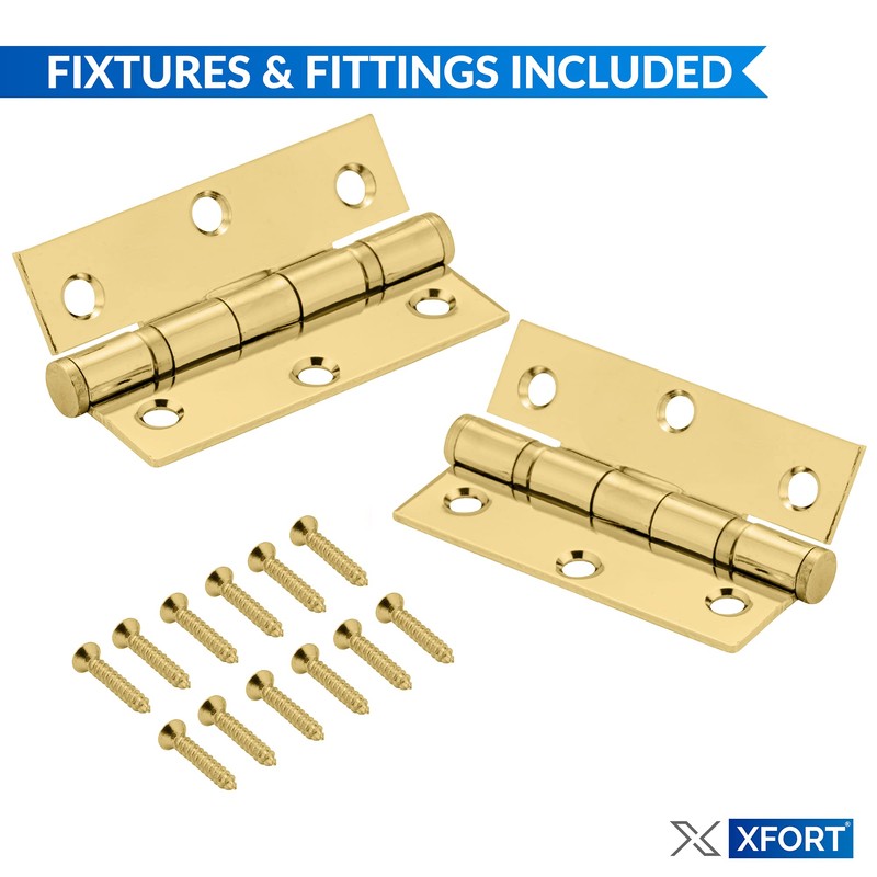 XFORT 3 Inch (75mm) Polished Brass Ball Bearing Hinges, Steel