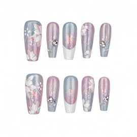 farfarflame Handmade Nail Tip, Long, Korean Popular, Pink, Ballerina, Magnet, Stone, Glossy, Stylish, Cute Design, Party False Nails, Pack of 10 (Mist and Flowers, S)
