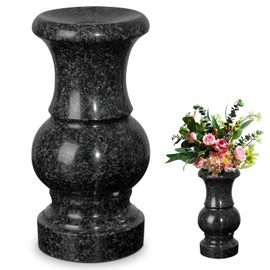 Cemetery Vase, Turned Round Granite Grave Vase Memorial Stone Vases with Draining Hole for Home Tabletop, Cemetery Flowers, Grave Headstone Decorations (1pc, Black)