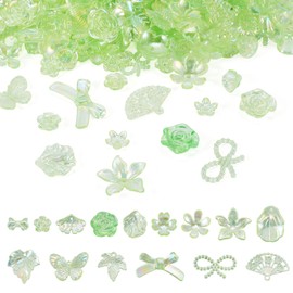Cheriswelry Assorted Acrylic Green Leaf Charm Flower Beads Iridescent Kandi Beads Light Blue Loose Spacer Beads for Summer Crafts DIY Bracelet Cell Phone Charms Jewelry Making Supplies