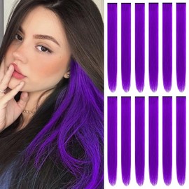 TOFAFA 22 inch Colored Hair Extensions straight Hairpiece, Multi-colors Party Highlights Clip in Synthetic Hair Extensions (12 PCS Purple)