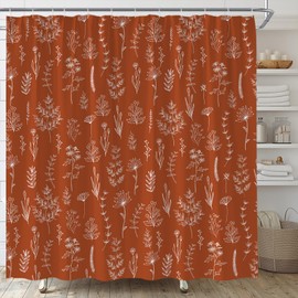 ABONAN Boho Floral Shower Curtain Orange Floral Botanical Western Terracotta Flower Modern Spring Retro Abstract Farmhouse Plants Leaves Mid Century Fabric Bathroom Decor Set with Hooks(70" WX70 H)