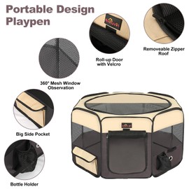 Aivituvin Dog Playpen, Foldable Pet Play Pens with Carrying Bag for Cat, Puppies, Rabbits, Portable Dog Tent Crates Cage for Travel Camping Indoor Outdoor, Removable Shade Cover, Brown S