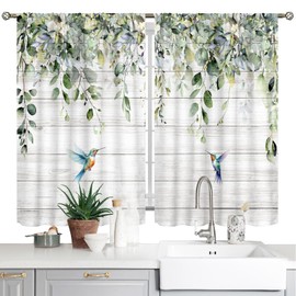 Farmhouse Eucalyptus Botanical Leaves Floral Kitchen Window Curtains Over Sink Boho Sage Green Leaf Short Cafe Window Curtains Plant Bathroom Window Drapes Treatment Tier Drapes 26x36 Inch