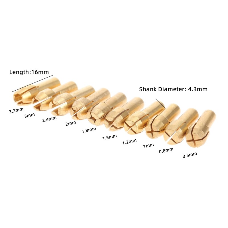 dophee 10Pcs 0.5-3.2mm Brass Collet Nut Adapter, Shank Dia 4.3mm