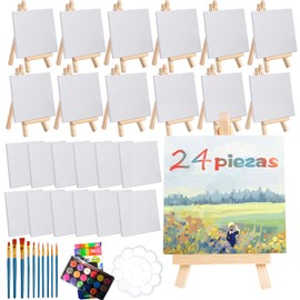 QianMu 24 Piezas Lienzo para pintar y 12 Caballetes para Pintar, Mini Kit de Pintura al óleo, Pinceles, Paletas y Pinturas, Blancos Algodón Bastidores para Pintar pare Casa,Escuela,Fiesta de Artística