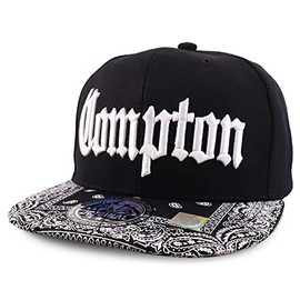 Trendy Apparel Shop Compton Old English Font Embroidered Bandana Flatbill Cap - Black White