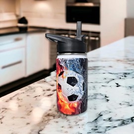 Soccer Kids Water Bottle for School with Straw Lid,12oz Stainless Steel Insulated Water Bottle for Boys & Girls,Leak Proof Lid with Handle & Touch Free Spout (A11)