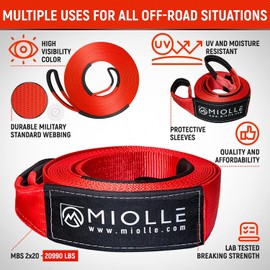 MiolleGear Tow Strap 2”x20’- 20990 lbs MBS (Lab Tested) Recovery Strap Kit Includes: Tow Rope, Storage Case