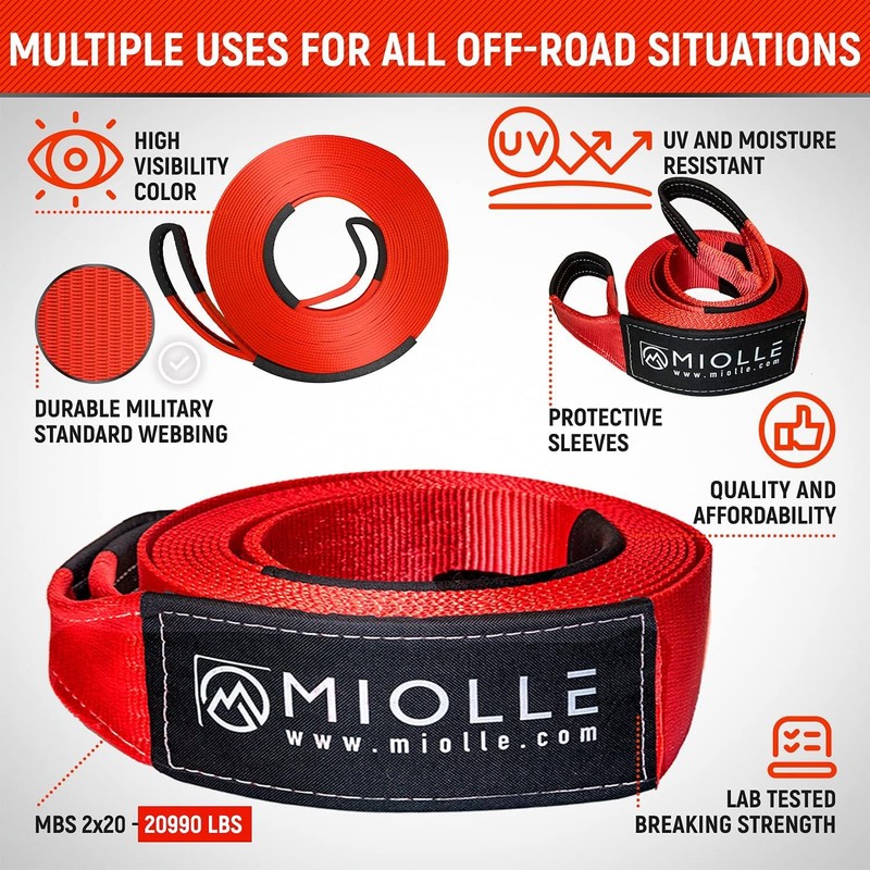 MiolleGear Tow Strap 2”x20’- 20990 lbs MBS (Lab Tested) Recovery