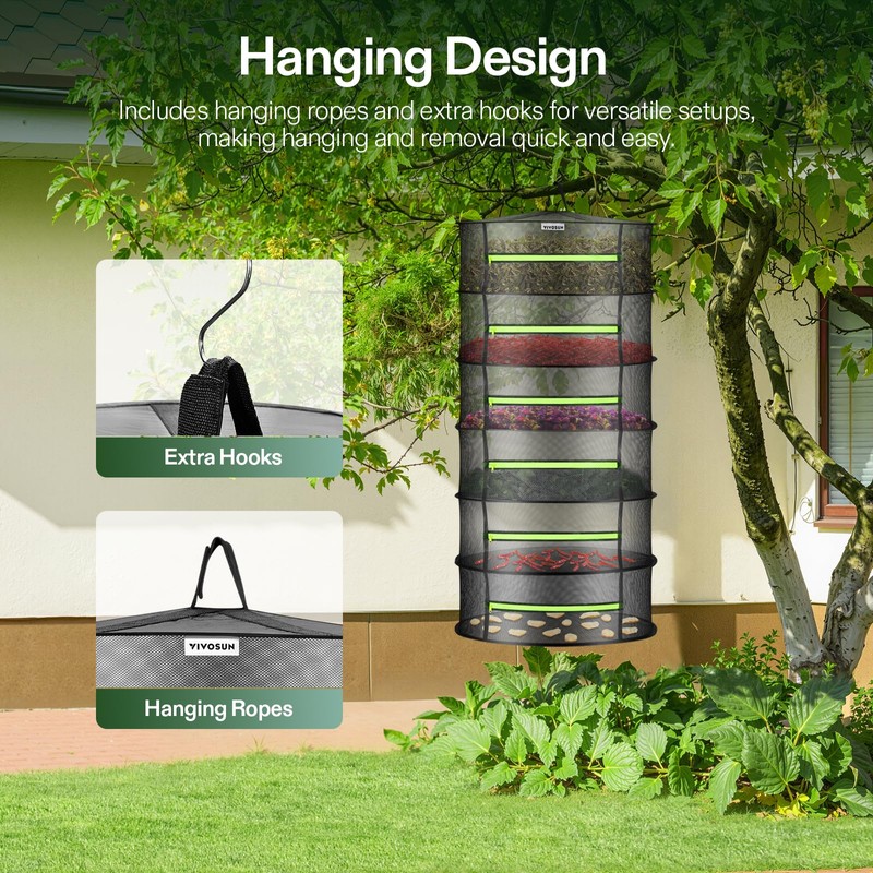 VIVOSUN 6-Layer Mesh Drying Rack Hanging Design with Green Zippers