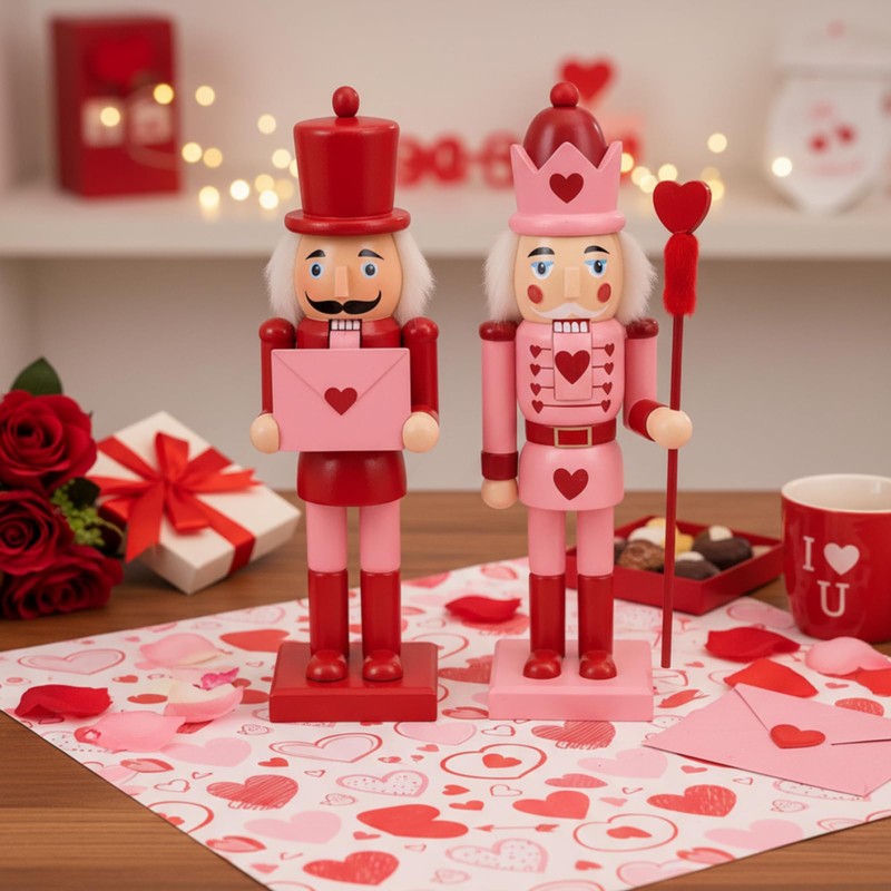 Kathfly 2 Pcs Valentine's Day Nutcracker 10 Inch Wooden Pink
