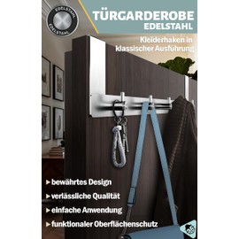 Menz Türgarderobe zum Einhängen – Edelstahl Tür-Garderobe mit Türhaken in klassischer Ausführung, stabile Türhakenleiste für das Einhängen, funktionale Kleiderhaken an der Tür
