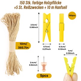 Furuising Pack of 150 Colourful Wooden Pegs, Small, 25 mm Natural Mini Clothes Pegs, Small Wooden Pegs with 10 m Jute Cord and 5 Picture Needles for Hanging Photos, DIY Craft Decoration