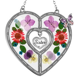 West style Heart Suncatcher Wind Chime with Butterfly Wing Pressed Real Flower Gifts for Sister, Stained Glass with Hook and Heart Hang Tag, Birthday for Mother Grandmother (Sister)
