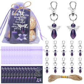 30 Sets Funeral Favors for Guests Purple Angel Keychains with Sympathy Tags and Purple Organza Bags for Funeral Memorial Party Guests Gifts, Celebrations of Life Favors