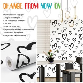 Black White Wallpaper Peel and Stick Modern Heart Contact Paper Love DIY Removable Self Adhesive Vinyl Paper17.3 x1200 for Home Decoration, Cabinet,Kids Bedroom Teens Nursery Living Room Door Desk