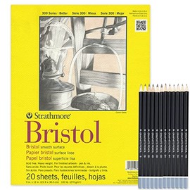 Strathmore Bristol Paper Smooth Pad, 9"x12" Tape Bound, 20 Sheets,100 lb ,Bristol Sketchbook Art Paper Smooth Finish for Drawing and Painting with 12 Graphite Pencil Set