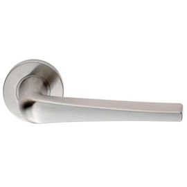Pair Straight Flat Topped Bar Handle on Round Rose - Concealed Fix - Satin Steel | Door Handle Lever on Screwless Rose - Internal Door Hardware - Screws, Fixings and Spindle Included