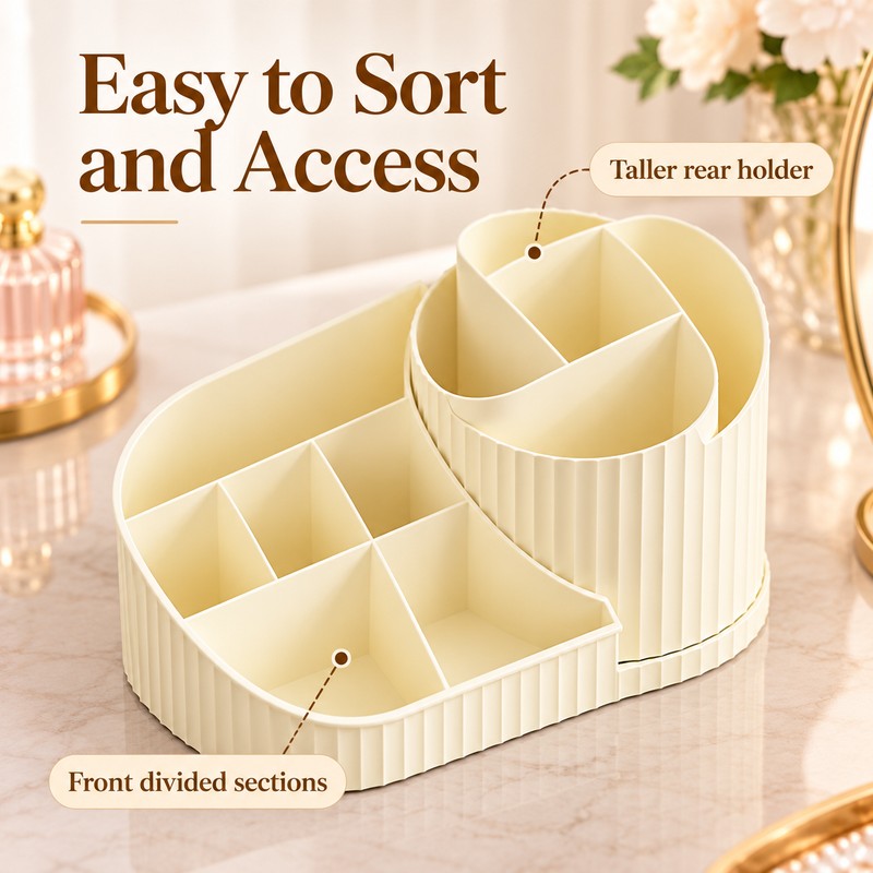 360° Rotating Makeup Organizer for Vanity – Multi-Compartment Cosmetic Storage