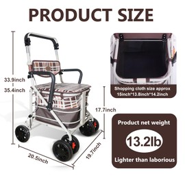 Walkers for Seniors with Seat, 180 lbs Capacity, Foldable & Lightweight, Adjustable Height, Rolling Walker with Brakes and Comfortable Chair for Mobility and Rest (22x19.7x35.4in)