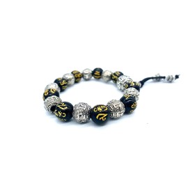 black and silver elastic bracelet bead mala Buddhist meditation letter scripture