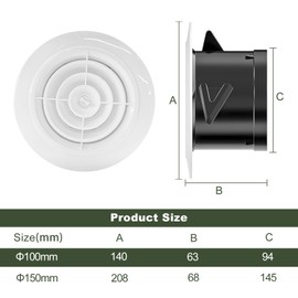 KCVENTSAIR Soffit Vent 6 Inch Round Air Vent Cover, ABS Adjustable Ceiling Vent with Louver, HVAC Indoor Outdoor Intake Vent for Living Room Attic Bathroom Kitchen Ventilation Use, White (150mm)