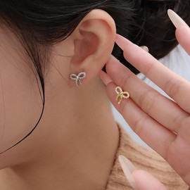 Reffeer Solid 925 Sterling Silver CZ Bow Stud Earrings for Women Teens Ribbon Stud Earrings Bowknot (A-Silver)