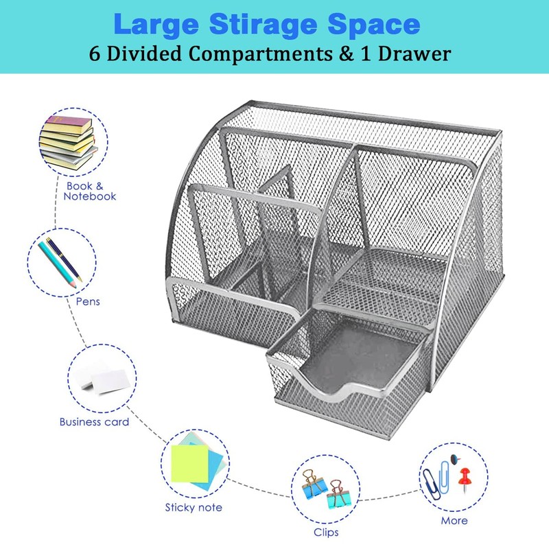 Desk Organiser, Mesh Metal Office Shelf with Pen Holders &