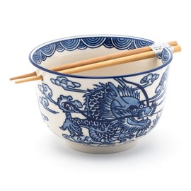 Happy Sales HSRB-LGDRGB, Multi Purpose 6.25" D Large Ramen Udon Soba Pho Noodle Donburi Rice Tayo Bowl with Chopsticks, Royal Dragon
