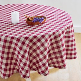 Solino Home Linen Round Tablecloth 60 Inch Diameter - 100% Pure Linen Plaid Beet and Cream Table Cloth - Morgan Check Washable Checkered Tablecloth for Wedding, Spring, Mothers Day, Easter Decorations
