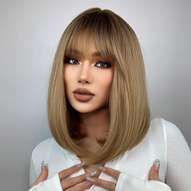 MAGQOO Brown Wig Brown Bob Wig Dark Roots Ash Blonde Wig Women Girls Short Straight Brown Blonde Hair Wigs Synthetic Cosplay Party Wig (Brown)