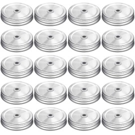 Honoson 20 Pcs Regular Mouth Mason Canning Jar Straw Lids 2.75 Inch Metal Stainless Steel Mason Jar Drinking Lids with Straw Hole Leak Proof for Baby Shower DIY Gift(Silver)