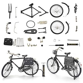 1PCS Retro Bicycle Model Ornament for Kids, 51 Pcs Simulation Mini Bike Model Scale Kit with Inflator & Briefcase, 1:10 Creative Iron Art Tabletop Ornament Toys for Gifts Home Office Decor (BLACK)