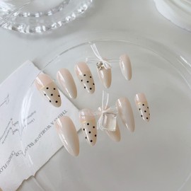 Elegant French Press On Nails Almond Nails Fake Nails Nude Pink with Black Polka Dot, 3D White Bow - 24pcs with adhesive soft gel pad
